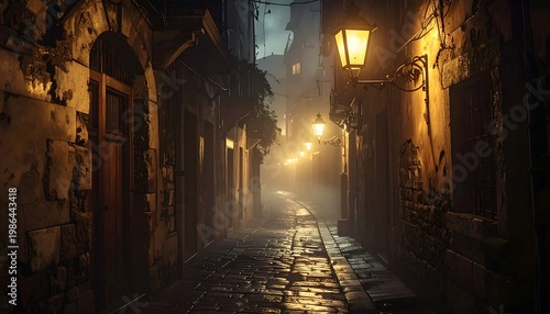 A dimly lit cobblestone alleyway with old buildings and street lamps