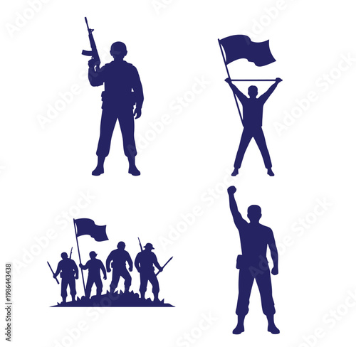 Silhouettes of people protesting and fighting for freedom with flags and weapons  iconic symbols of revolution and activism