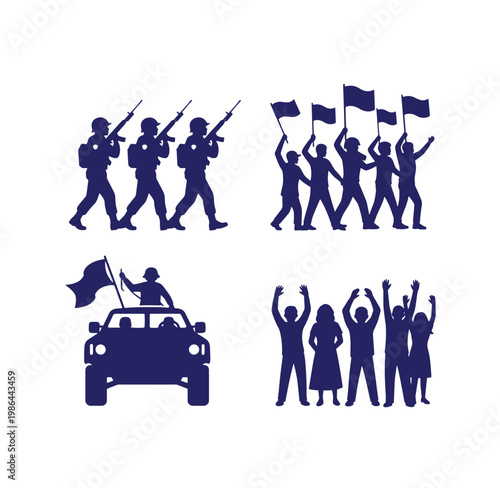 Silhouettes of people protesting and soldiers marching with flags and weapons