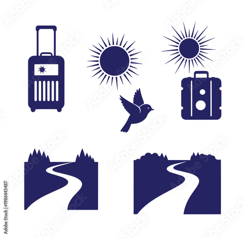 Travel icons with luggage sun bird and roads through mountains