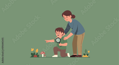 Woman and child with magnifying glass.