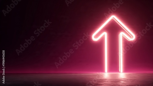 Glowing pink neon arrow pointing upward on a dark textured floor represents business growth and financial success in a high resolution commercial shot
