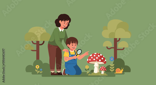 Woman and child examining a mushroom.