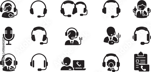 Customer Service Icons with Headsets and Microphones