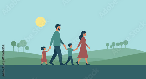 Family walking together in a line.