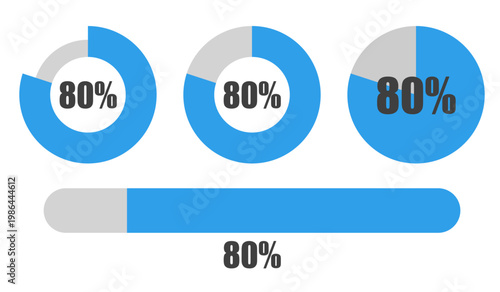 80％の円グラフとプログレスバーセット パーセンテージ表示アイコン素材80 Percent Chart and Progress Bar Set Circle Graph and UI Elements
