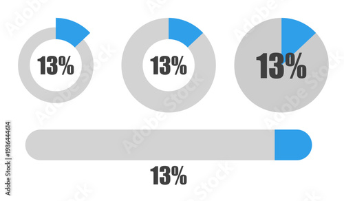 13％の円グラフとプログレスバーセット パーセンテージ表示アイコン素材13 Percent Chart and Progress Bar Set Circle Graph and UI Elements
