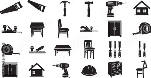 Black and white construction tools icon set collection