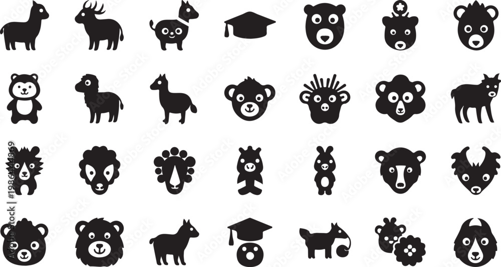 Fototapeta premium Black Silhouette Animal Icons Set on White Background