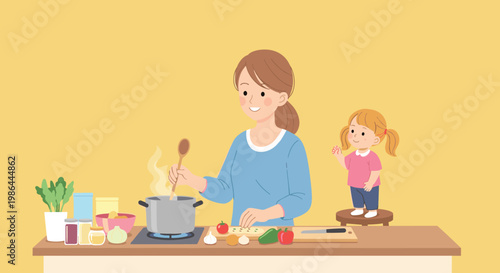Woman cooking with young girl.