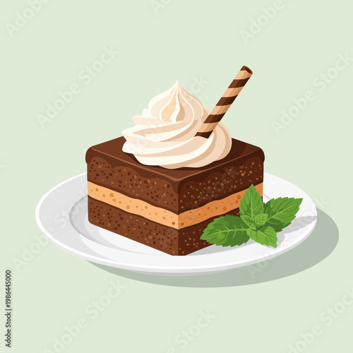 Vector illustration of a square chocolate layer cake with cream frosting on a white plate, garnished with fresh mint leaves and a striped wafer stick, over a light green background