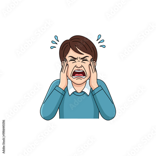 Vector illustration of a stressed man screaming with eyes closed, hands pressed to temples, wearing a blue sweater and white collared shirt, with sweat drops on a white background.