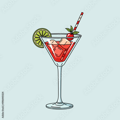 Vector illustration of a red cosmopolitan cocktail served in a martini glass with ice cubes, garnished with a lime wheel, a cherry with leaves, and a striped paper straw.