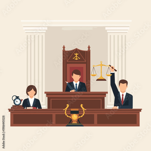 Flat vector illustration of a formal courtroom interior with a judge sitting on a high bench, a male lawyer holding the scales of justice, and a female clerk at a desk near columns.