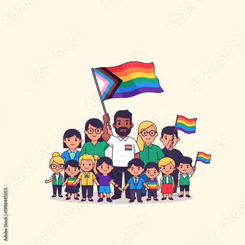 Vector illustration of a diverse group of multiracial adults and children holding a large Progress Pride flag and smaller rainbow flags, representing community and LGBTQ+ pride.