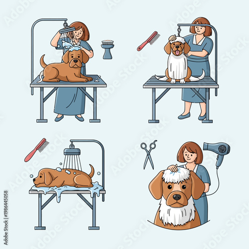 Set of four doodle style illustrations showing a female dog groomer at a salon washing, brushing, and drying various dogs on grooming tables with tools like combs and hair dryers.