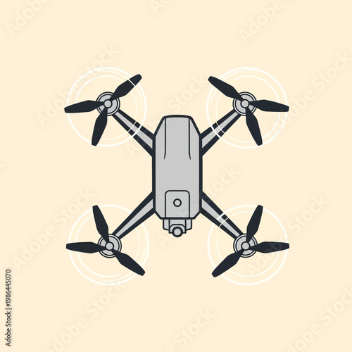 Top-down vector illustration of a modern grey quadcopter drone with four spinning propellers and a front-mounted camera, on a light beige background for aerial photography.
