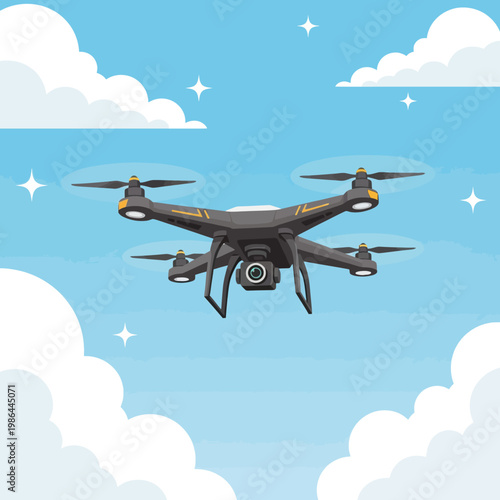 Vector illustration of a black quadcopter drone with an integrated camera flying in a blue sky featuring white puffy clouds and stylized sparkling stars in a clean graphic style.