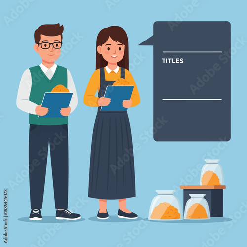 Flat vector illustration of professional man and woman holding clipboards with grain samples, standing next to glass jars of seeds and a large dark sign board for custom text.