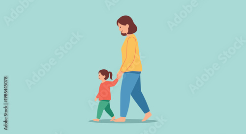Woman walking with little child.