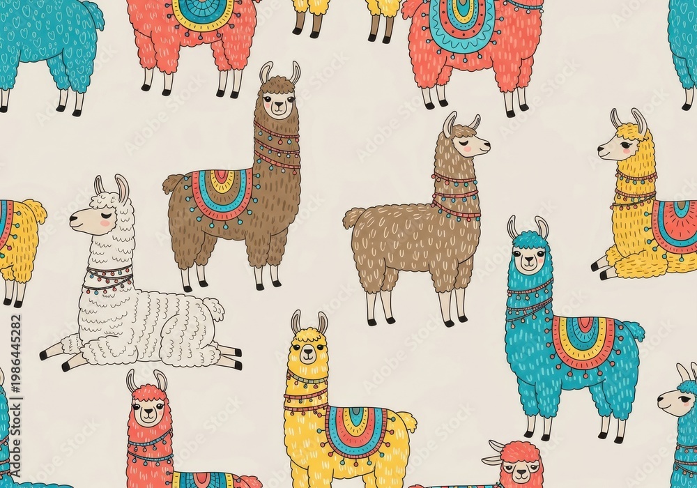Fototapeta premium Colorful llamas with decorative saddles are arranged in a repeating pattern on a light background.