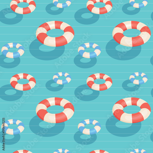 Blue, white, and red inflatable swimming rings on a striped background. A summery, sunny seamless pattern with water and floating rubber rings with shadows.