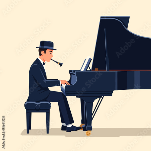 A flat vector illustration of a professional male jazz musician wearing a formal navy suit and hat, playing a black grand piano while simultaneously using a woodwind instrument.