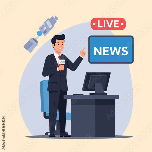 Flat vector illustration of a male news reporter in a suit holding a microphone and pointing to a screen during a live broadcast in a studio with a desk and satellite icon.