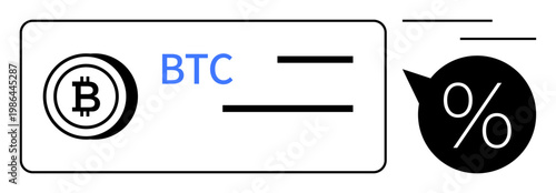 Cryptocurrency, digital payments, finance technology, blockchain, economic trends, investment. Bitcoin symbol next to a percentage icon. Cryptocurrency and digital payments concept
