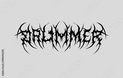 Drummer text typography vector in a striking and stiff touch dark metal font tribal style lettering. for t-shirt print apparel, sticker, poster, and edgy logo