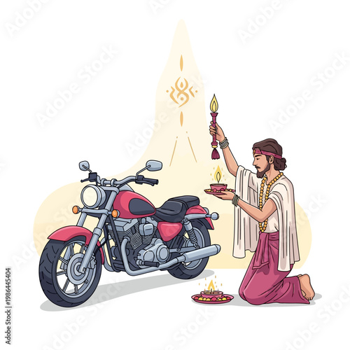 Illustration of a man in traditional Indian clothing performing a religious blessing ritual or puja on a red motorcycle cruiser, holding lighted oil lamps and incense sticks.
