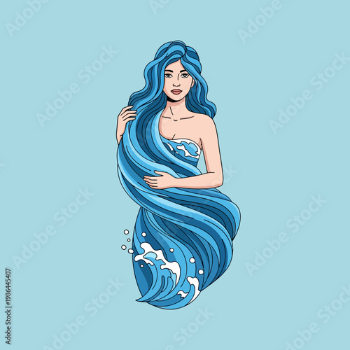 Stylized vector illustration of a woman as an ocean goddess, with long flowing blue hair transitioning into crashing sea waves and foam against a solid light blue background.