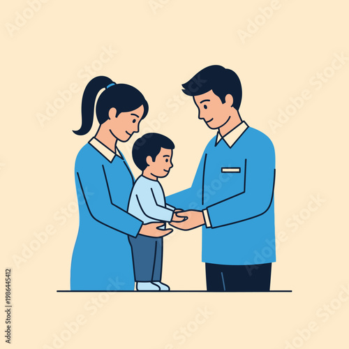 Flat vector illustration of a man and woman in blue uniforms supporting a young boy, representing foster care, adoption, child welfare, orphan support, and family social services.
