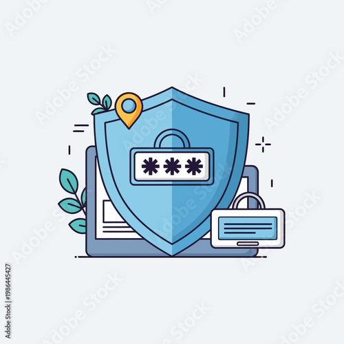 Vector illustration of a blue security shield with a password entry field and asterisks, shown over a digital tablet with padlocks and a location pin icon for data protection.