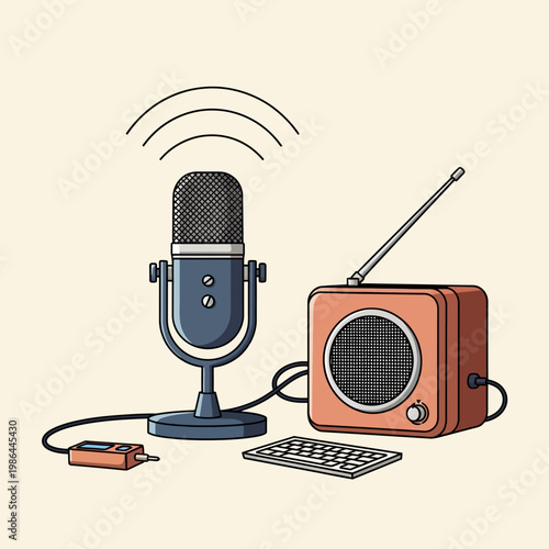 Vector illustration featuring a condenser microphone on a stand next to a vintage radio receiver with antenna, signal waves, digital recorder, and keyboard on plain background.