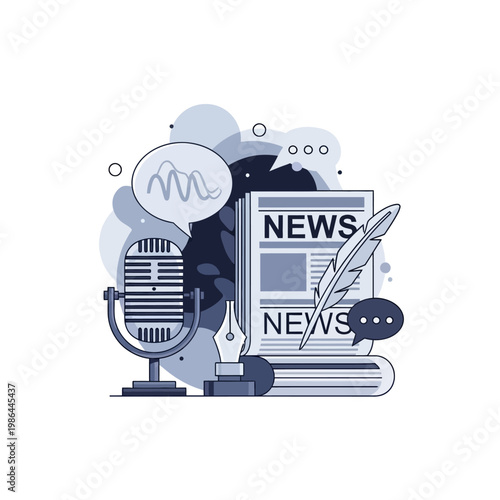 Vector illustration representing journalism and news media, featuring a vintage microphone, a folded newspaper, a quill pen, and fountain pen nib with speech bubbles.