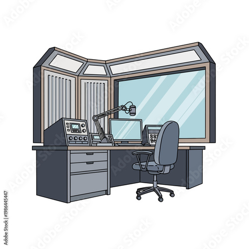Vector illustration of a radio broadcasting studio workstation featuring a desk with a computer monitor, microphone on a boom arm, mixing console, and swivel office chair.