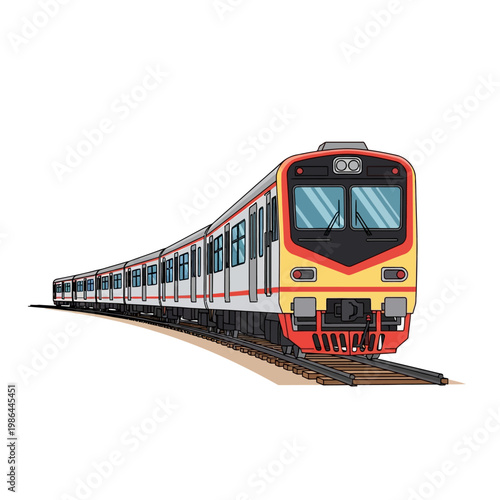 Vector illustration of a modern passenger commuter train traveling on railway tracks isolated on white background. Perspective view of electric rail transport system vehicle.