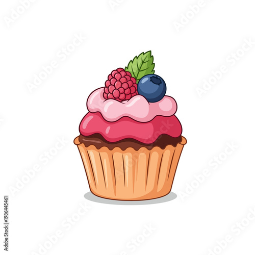 Vector illustration of a raspberry cupcake featuring two layers of pink frosting topped with a fresh red raspberry, a blueberry, and a green mint leaf on a white background.