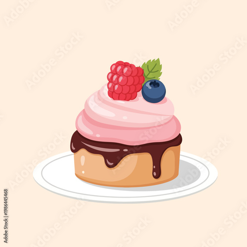Vector illustration of a gourmet pastry dessert with a golden sponge base, chocolate glaze drip, and pink cream swirl topped with a fresh raspberry, blueberry, and mint leaf on a white plate.