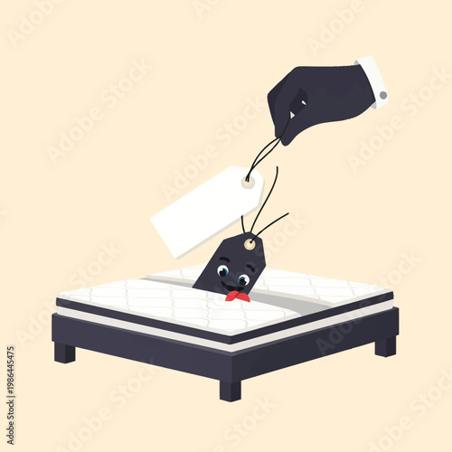 Minimalist vector illustration of a gloved hand pulling a white price tag from a mattress, featuring a smiling anthropomorphic black tag character emerging from the bedding.