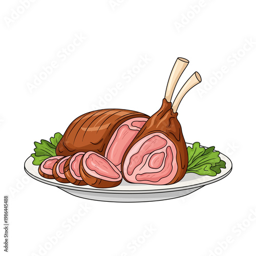 Vector illustration of a roasted lamb rack sliced into portions on a white plate with green lettuce garnish, isolated on a white background for food menu or culinary design.