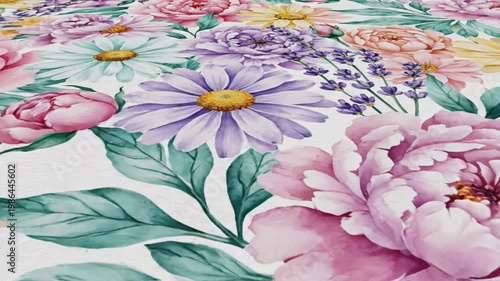 Seamless watercolor floral pattern featuring pink peonies, yellow daisies, and purple lavender sprigs in pastel tones on a white textured background, tilted perspective view.
