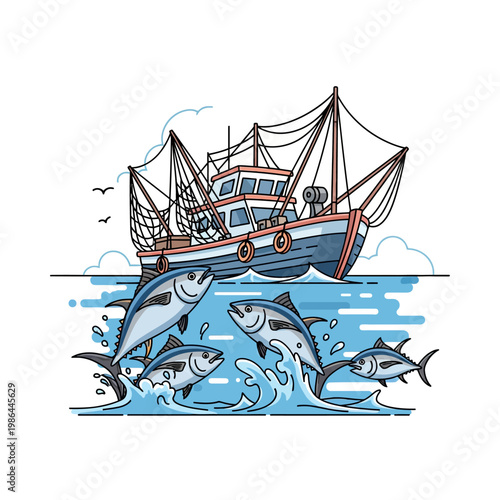Vector illustration of a commercial tuna fishing boat with nets on the ocean surface, featuring multiple tuna jumping from waves in the foreground against a white background.