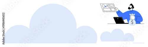 Financial management, digital banking, cloud storage, online technology, data services, investment tools. Person accessing cloud-based tools with money bag and laptop. Digital banking and investment