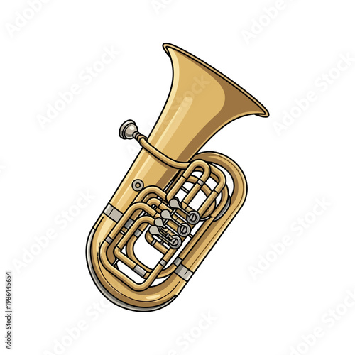 Vector illustration of a brass tuba musical instrument isolated on a white background, featuring detailed valves, mouthpiece, and bell for orchestral and band music concepts.