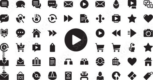 Black and white icons with play button center