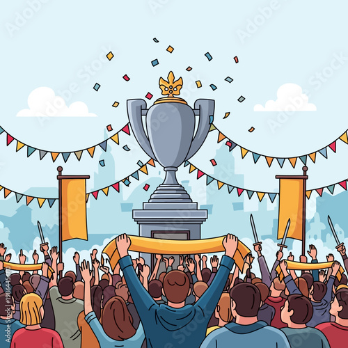 Vector illustration of a large crowd of fans celebrating a major victory around a massive silver championship trophy on a pedestal with confetti, colorful bunting, and banners.