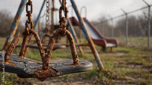 Detailed view of a heavily rusted swing set with flaking paint at an abandoned playground, featuring a slide and security fence with barbed wire in a desolate outdoor setting.
