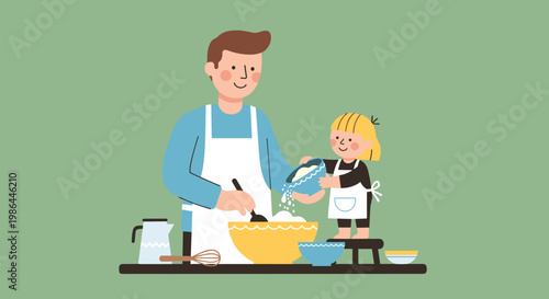 Father and son baking together.